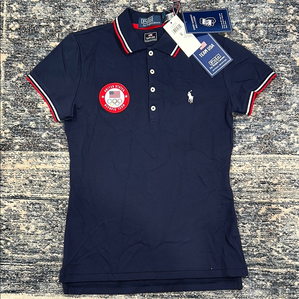 Women’s Navy Polo Shirt with Red and White Accents. Official USA 2024 Olympic